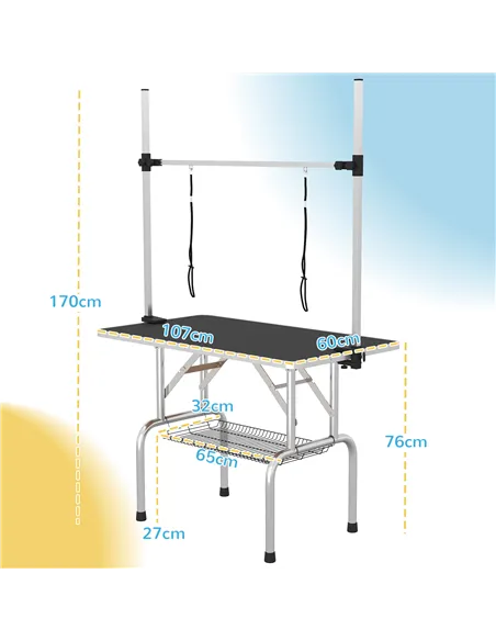 PawHut 42" Dog Grooming Table, Adjustable Pet Cat Drying Beauty Table with 2 Loops Storage Basket, Rubber Top, Black