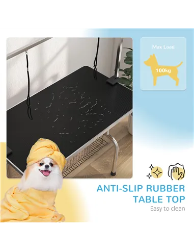 PawHut 42" Dog Grooming Table, Adjustable Pet Cat Drying Beauty Table with 2 Loops Storage Basket, Rubber Top, Black