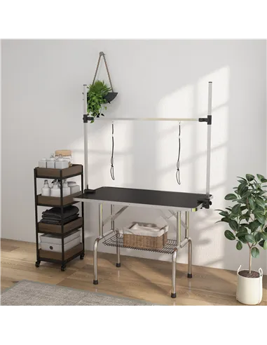 PawHut 42" Dog Grooming Table, Adjustable Pet Cat Drying Beauty Table with 2 Loops Storage Basket, Rubber Top, Black