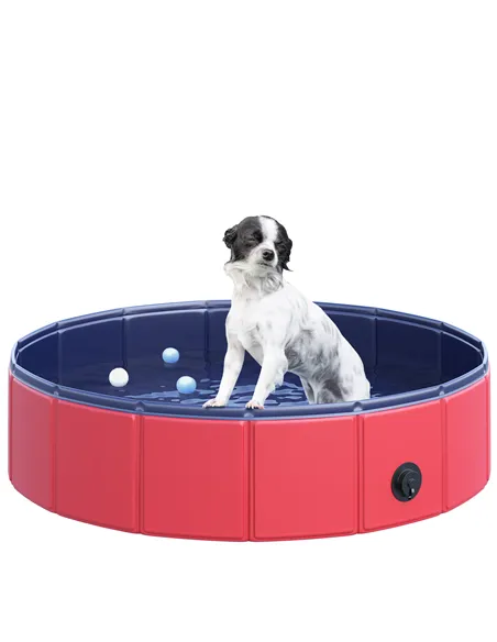 PawHut Foldable Dog Pool, 80 x 20 cm Pet Paddling Pool with Wood Board Support and Anti-Slip Bottom, Portable Doggy Paddling Poo