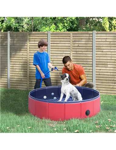 PawHut Foldable Dog Pool, 80 x 20 cm Pet Paddling Pool with Wood Board Support and Anti-Slip Bottom, Portable Doggy Paddling Poo