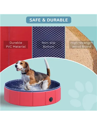 PawHut Foldable Dog Pool, 80 x 20 cm Pet Paddling Pool with Wood Board Support and Anti-Slip Bottom, Portable Doggy Paddling Poo