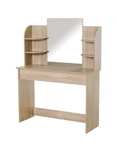 HOMCOM Modern Dressing Table Writing Desk W/ Mirror, Big Drawers, 2-Tier Open Shelf For Home Bedroom Natural