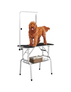 PawHut Foldable Dog Grooming Table Pet Drying Table with Adjustable Arm Non-Slip Rubber Tabletop Aluminium Alloy Edge Stainless 