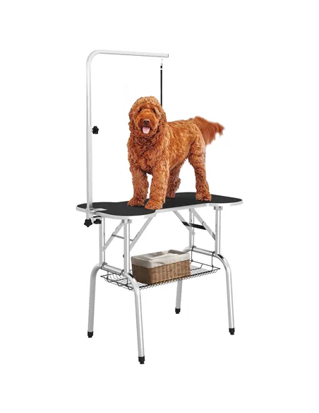 PawHut Foldable Dog Grooming Table Pet Drying Table with Adjustable Arm Non-Slip Rubber Tabletop Aluminium Alloy Edge Stainless 