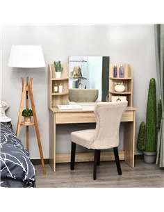HOMCOM Modern Dressing Table Writing Desk W/ Mirror, Big Drawers, 2-Tier Open Shelf For Home Bedroom Natural 2