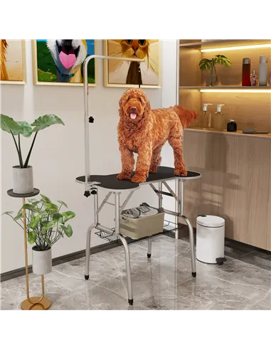 PawHut Foldable Dog Grooming Table Pet Drying Table with Adjustable Arm Non-Slip Rubber Tabletop Aluminium Alloy Edge Stainless 