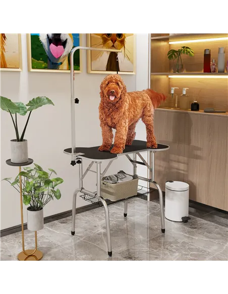 PawHut Foldable Dog Grooming Table Pet Drying Table with Adjustable Arm Non-Slip Rubber Tabletop Aluminium Alloy Edge Stainless 