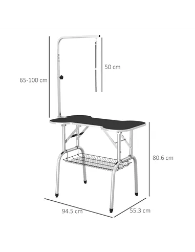 PawHut Foldable Dog Grooming Table Pet Drying Table with Adjustable Arm Non-Slip Rubber Tabletop Aluminium Alloy Edge Stainless 