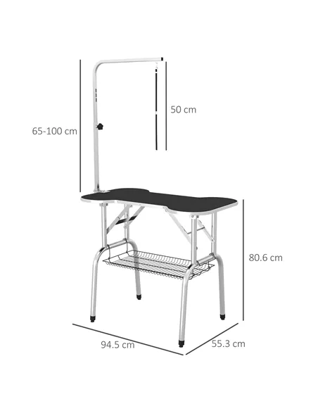 PawHut Foldable Dog Grooming Table Pet Drying Table with Adjustable Arm Non-Slip Rubber Tabletop Aluminium Alloy Edge Stainless 