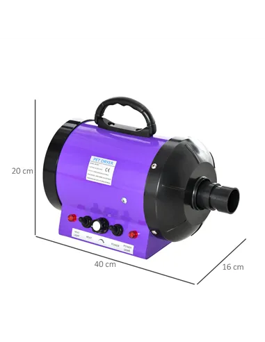 PawHut Dog Hair Dryer Pet Grooming Blaster Dryer Blower Adjustable Temperature Speed with 2.1M Flexible Hose 3 Nozzles - Purple