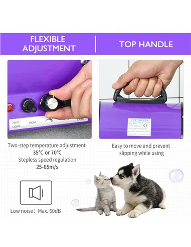 PawHut Dog Hair Dryer Pet Grooming Blaster Dryer Blower Adjustable Temperature Speed with 2.1M Flexible Hose 3 Nozzles - Purple