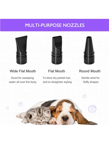 PawHut Dog Hair Dryer Pet Grooming Blaster Dryer Blower Adjustable Temperature Speed with 2.1M Flexible Hose 3 Nozzles - Purple