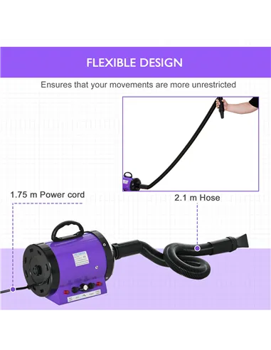 PawHut Dog Hair Dryer Pet Grooming Blaster Dryer Blower Adjustable Temperature Speed with 2.1M Flexible Hose 3 Nozzles - Purple