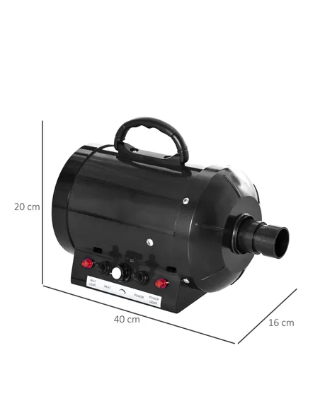 PawHut Dog Hair Dryer Pet Grooming Blaster Dryer Blower Adjustable Temperature Speed with 2.1M Flexible Hose 3 Nozzles - Black