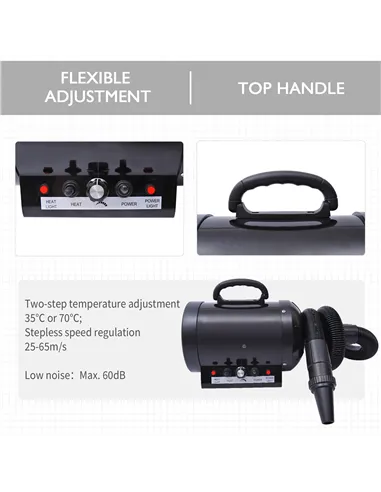 PawHut Dog Hair Dryer Pet Grooming Blaster Dryer Blower Adjustable Temperature Speed with 2.1M Flexible Hose 3 Nozzles - Black