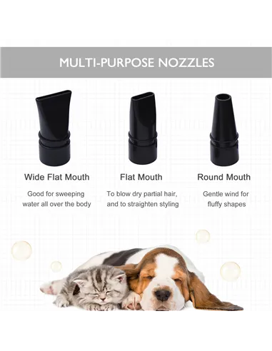 PawHut Dog Hair Dryer Pet Grooming Blaster Dryer Blower Adjustable Temperature Speed with 2.1M Flexible Hose 3 Nozzles - Black