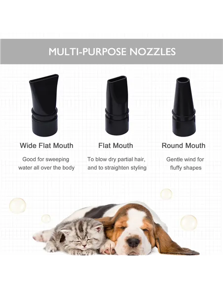 PawHut Dog Hair Dryer Pet Grooming Blaster Dryer Blower Adjustable Temperature Speed with 2.1M Flexible Hose 3 Nozzles - Black