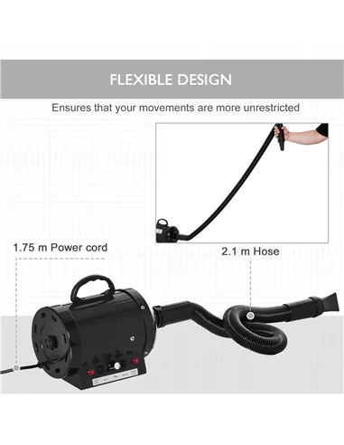 PawHut Dog Hair Dryer Pet Grooming Blaster Dryer Blower Adjustable Temperature Speed with 2.1M Flexible Hose 3 Nozzles - Black