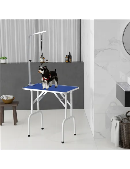 PawHut 32" Foldable Dog Grooming Table Pet Drying Beauty Table Adjustable Fixed Arm Rubber Top, Blue