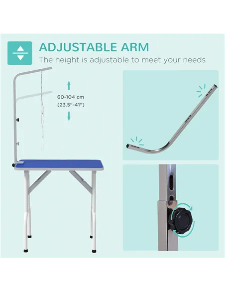 PawHut 32" Foldable Dog Grooming Table Pet Drying Beauty Table Adjustable Fixed Arm Rubber Top, Blue