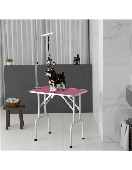 PawHut 32" Foldable Dog Grooming Table Pet Drying Beauty Table Adjustable Fixed Arm Rubber Top, Pink