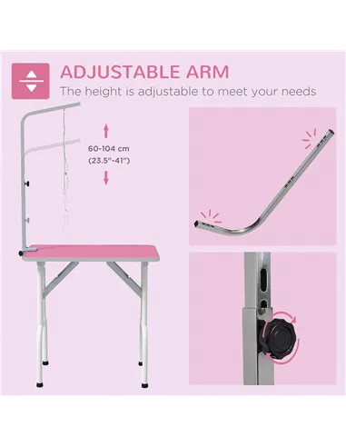 PawHut 32" Foldable Dog Grooming Table Pet Drying Beauty Table Adjustable Fixed Arm Rubber Top, Pink