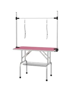 PawHut 42" Dog Grooming Table, Adjustable Pet Cat Drying Beauty Table with 2 Loops Storage Basket, Rubber Top, Pink