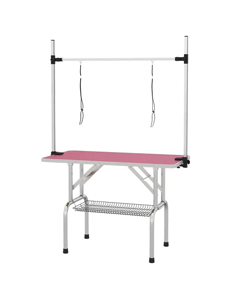 PawHut 42" Dog Grooming Table, Adjustable Pet Cat Drying Beauty Table with 2 Loops Storage Basket, Rubber Top, Pink