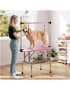 PawHut 42" Dog Grooming Table, Adjustable Pet Cat Drying Beauty Table with 2 Loops Storage Basket, Rubber Top, Pink 2
