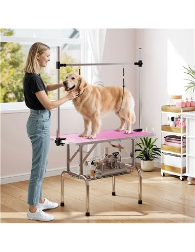 PawHut 42" Dog Grooming Table, Adjustable Pet Cat Drying Beauty Table with 2 Loops Storage Basket, Rubber Top, Pink