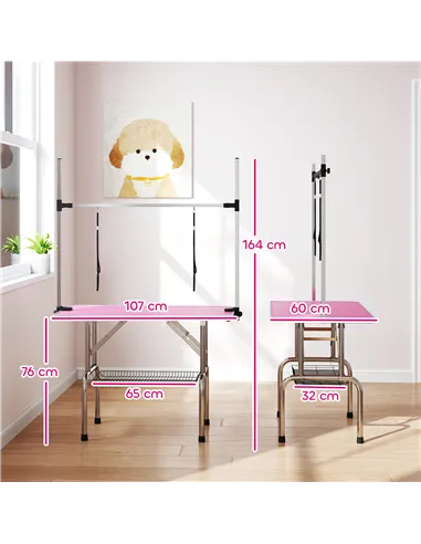 PawHut 42" Dog Grooming Table, Adjustable Pet Cat Drying Beauty Table with 2 Loops Storage Basket, Rubber Top, Pink
