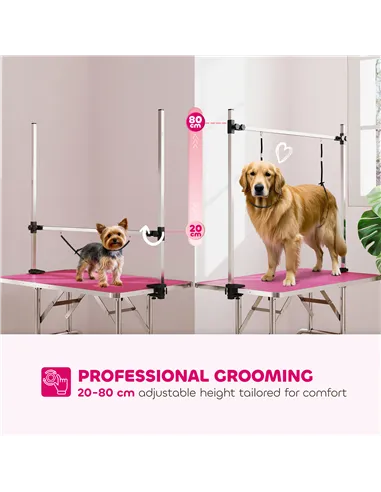 PawHut 42" Dog Grooming Table, Adjustable Pet Cat Drying Beauty Table with 2 Loops Storage Basket, Rubber Top, Pink