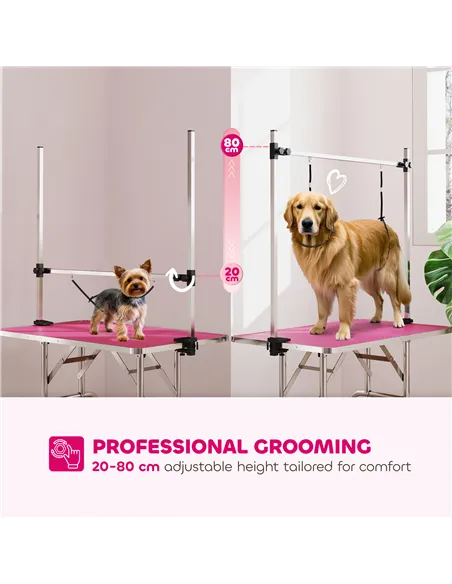 PawHut 42" Dog Grooming Table, Adjustable Pet Cat Drying Beauty Table with 2 Loops Storage Basket, Rubber Top, Pink