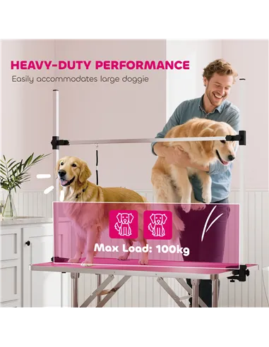 PawHut 42" Dog Grooming Table, Adjustable Pet Cat Drying Beauty Table with 2 Loops Storage Basket, Rubber Top, Pink