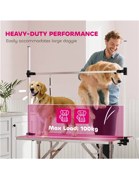 PawHut 42" Dog Grooming Table, Adjustable Pet Cat Drying Beauty Table with 2 Loops Storage Basket, Rubber Top, Pink