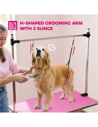 PawHut 42" Dog Grooming Table, Adjustable Pet Cat Drying Beauty Table with 2 Loops Storage Basket, Rubber Top, Pink