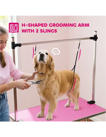 PawHut 42" Dog Grooming Table, Adjustable Pet Cat Drying Beauty Table with 2 Loops Storage Basket, Rubber Top, Pink