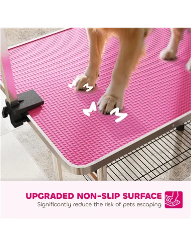 PawHut 42" Dog Grooming Table, Adjustable Pet Cat Drying Beauty Table with 2 Loops Storage Basket, Rubber Top, Pink