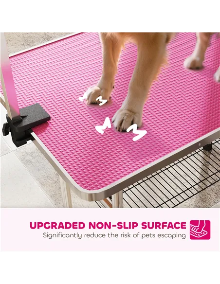 PawHut 42" Dog Grooming Table, Adjustable Pet Cat Drying Beauty Table with 2 Loops Storage Basket, Rubber Top, Pink