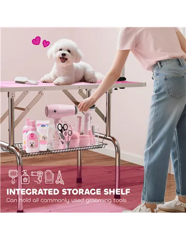 PawHut 42" Dog Grooming Table, Adjustable Pet Cat Drying Beauty Table with 2 Loops Storage Basket, Rubber Top, Pink