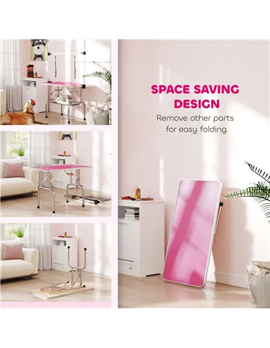 PawHut 42" Dog Grooming Table, Adjustable Pet Cat Drying Beauty Table with 2 Loops Storage Basket, Rubber Top, Pink