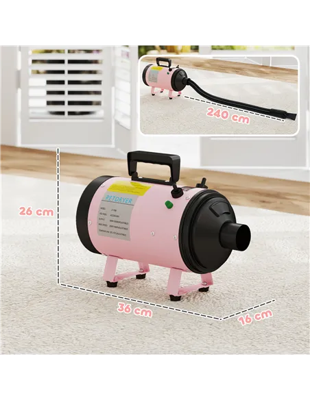 PawHut 2200W Dog Hair Dryer with Adjustable Temperature & Velocity, 3 Different Nozzles, Pink