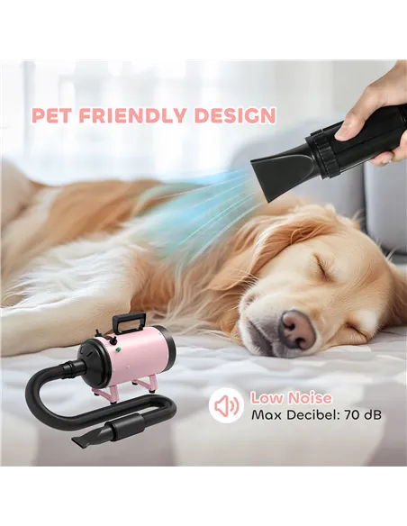 PawHut 2200W Dog Hair Dryer with Adjustable Temperature & Velocity, 3 Different Nozzles, Pink