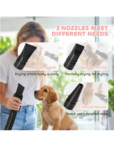 PawHut 2200W Dog Hair Dryer with Adjustable Temperature & Velocity, 3 Different Nozzles, Pink