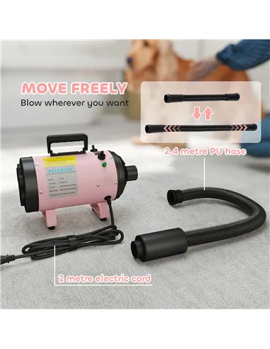 PawHut 2200W Dog Hair Dryer with Adjustable Temperature & Velocity, 3 Different Nozzles, Pink