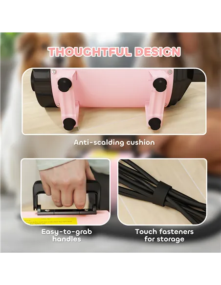 PawHut 2200W Dog Hair Dryer with Adjustable Temperature & Velocity, 3 Different Nozzles, Pink