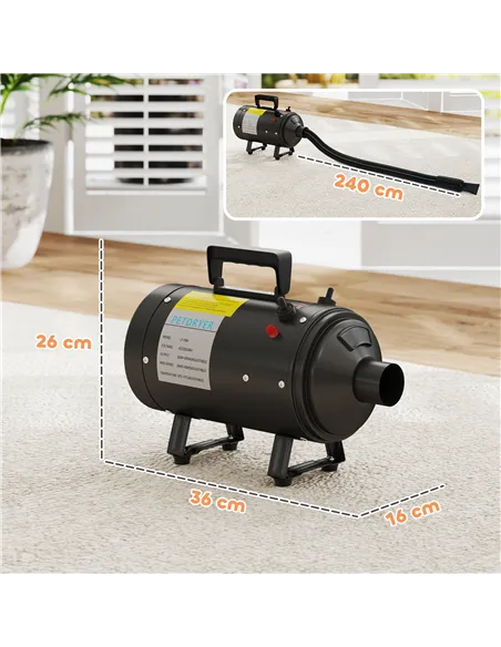 PawHut 2200W Dog Hair Dryer with Adjustable Temperature & Velocity, 3 Different Nozzles, Black