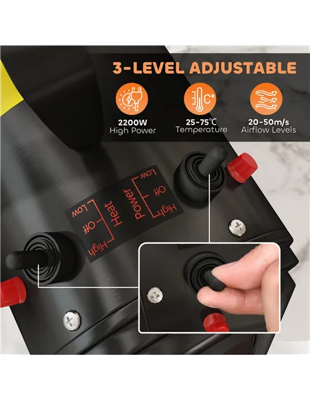 PawHut 2200W Dog Hair Dryer with Adjustable Temperature & Velocity, 3 Different Nozzles, Black
