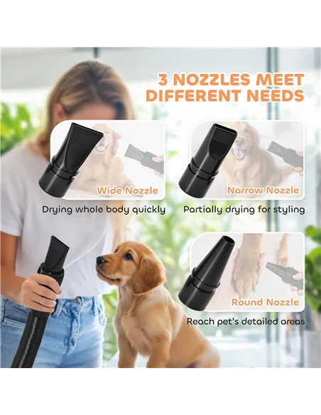 PawHut 2200W Dog Hair Dryer with Adjustable Temperature & Velocity, 3 Different Nozzles, Black